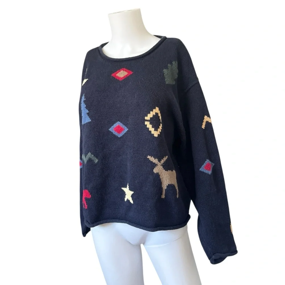 Vintage Y2K Knit Sweater Navy Blue Moose Moon Outdoor Womens Size Large L - Picture 10 of 10